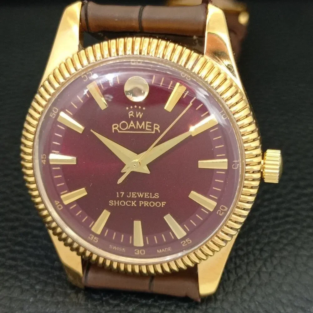 Vintage 1977 Roamer Manual Mens Gold Watch W/Leather Strap & Red accents